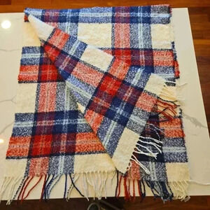 Aerie Oversized Fringe Plaid Tartan Scarf Red Blue White Womens